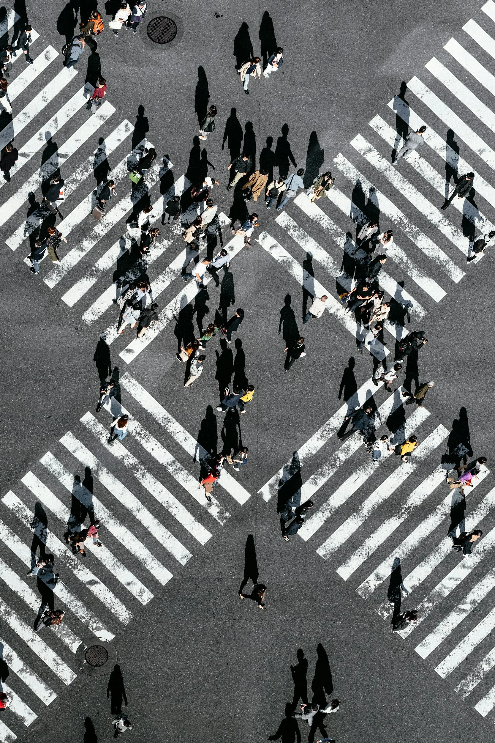 Aerial view of pedestrians crossing a street at a crosswalk with white stripes, casting long shadows on the pavement.