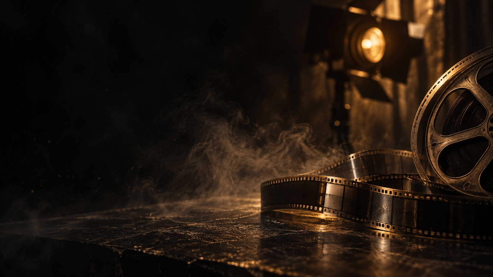 Film reels and film strip in a cinematic setting representing FilmFrame’s early community.