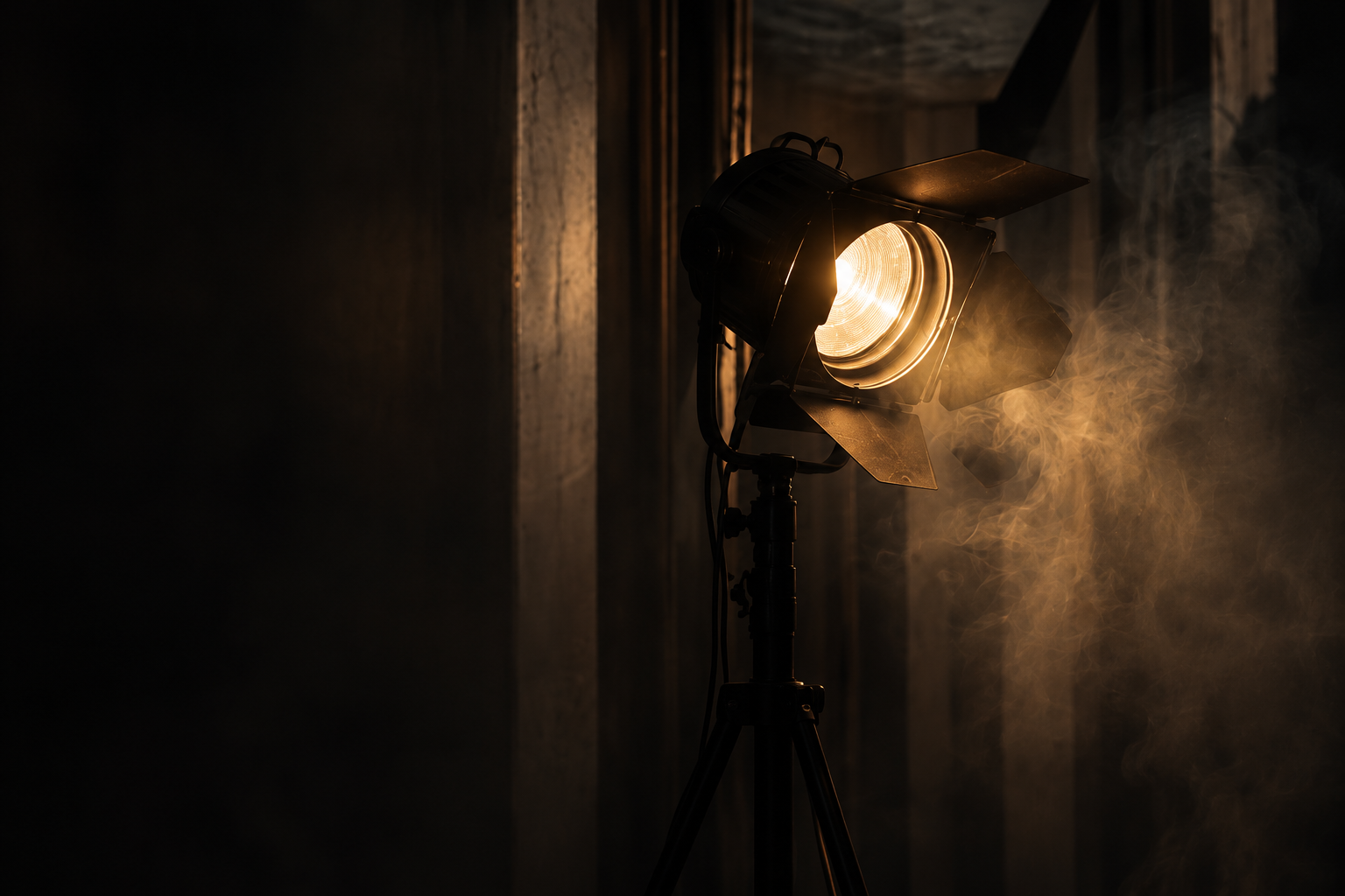 Cinematic spotlight shining through smoke on the FilmFrame Step I page.