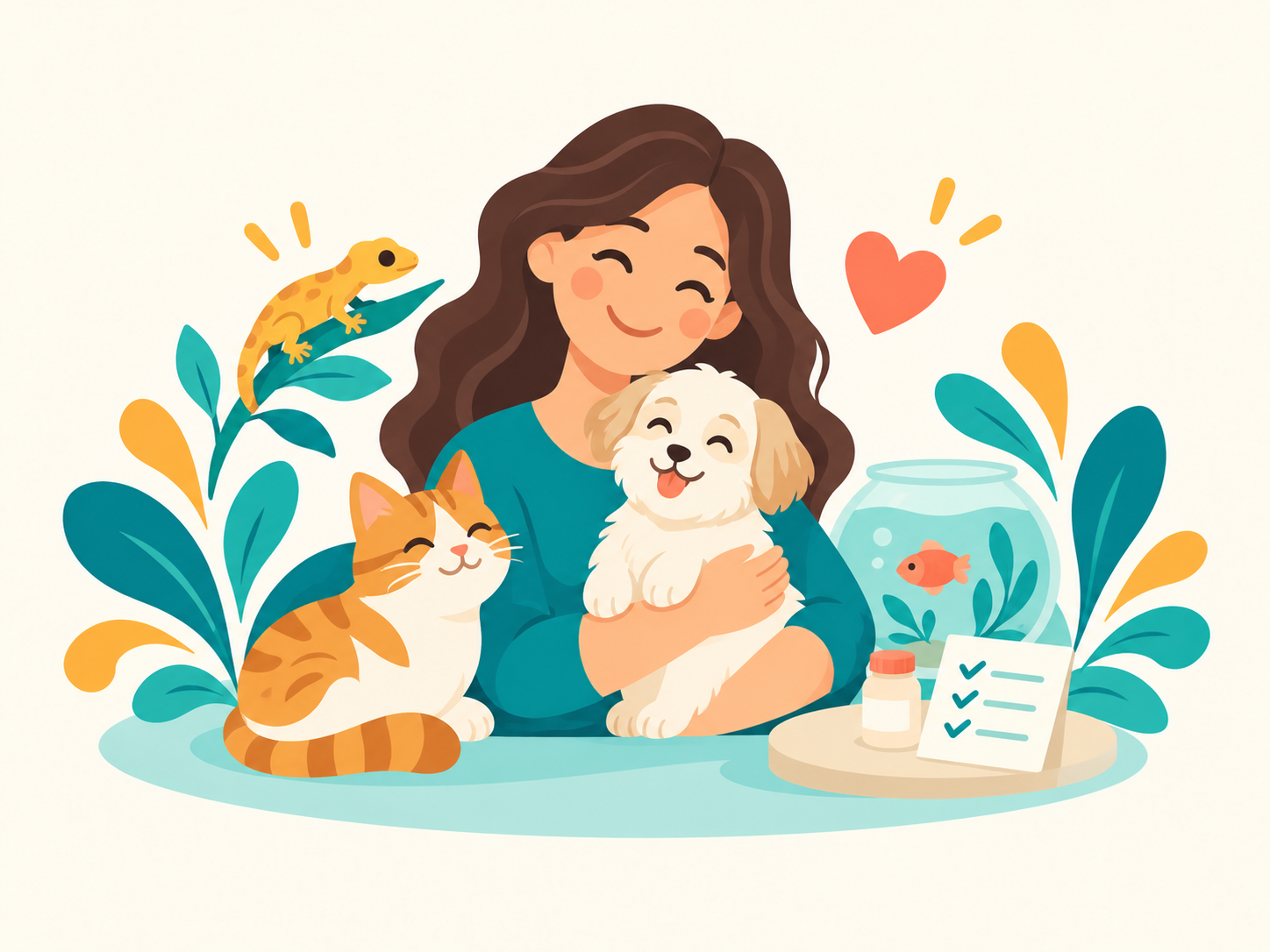 Illustration of a woman happily holding a small dog, with a cat and a gecko nearby, surrounded by plants, a fishbowl, medication, and a checklist, symbolizing pet care.