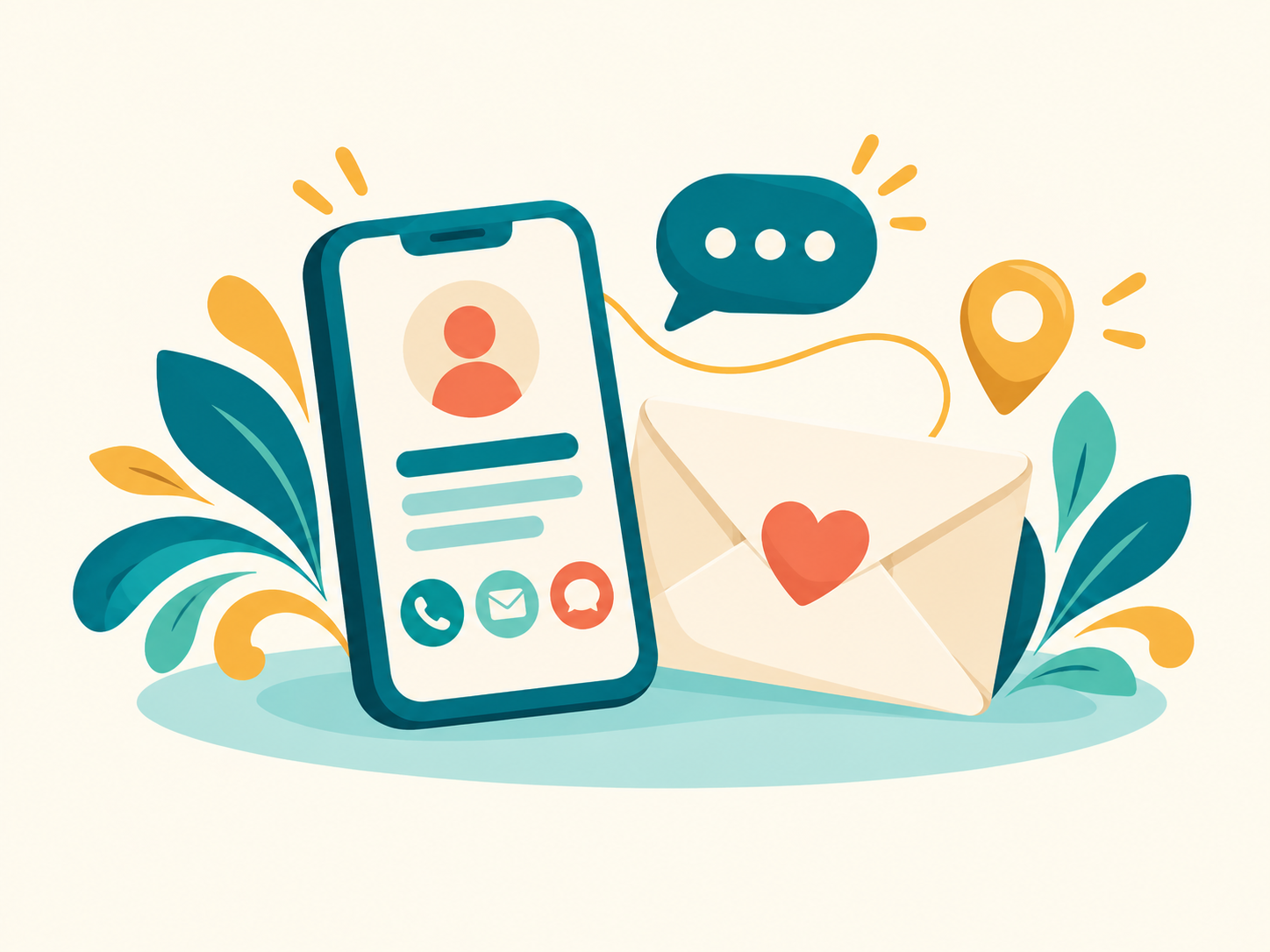 Illustration of a mobile phone with a profile picture, chat bubble, and icons for call, email, and messaging, an envelope with a heart, and a location pin surrounded by decorative leaves.