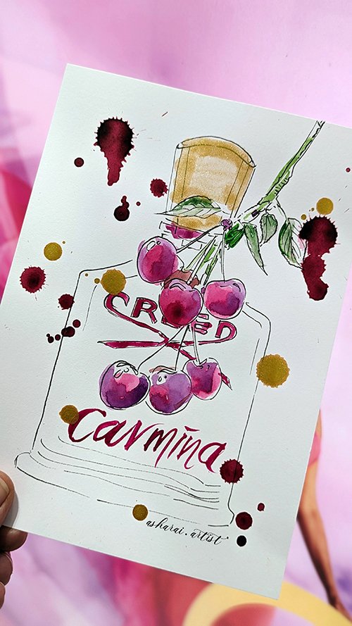Hand-drawn illustration of a Creed perfume bottle Carmina with cherries hanging from green stems on top. The artwork includes watercolor splashes and is signed by the artist.Holt Renfrew Creed event .