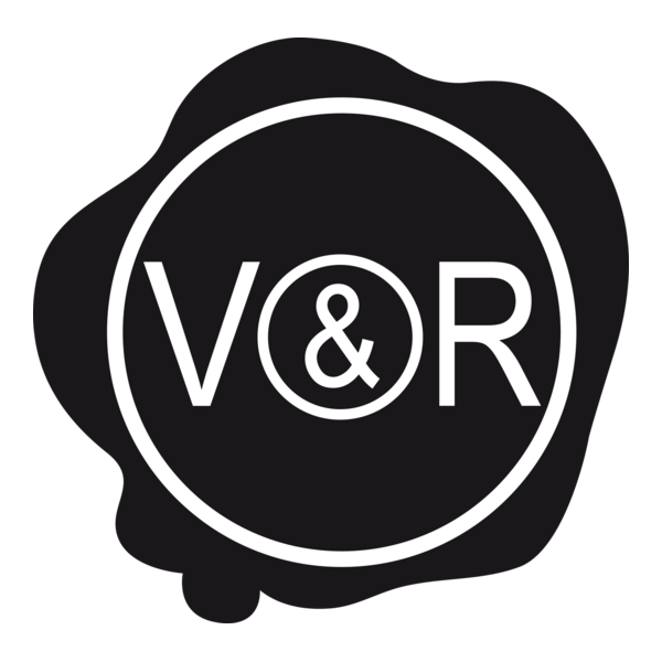 A black and white logo featuring the letters 'V&R' inside a circle, with an irregular shape around it resembling a wax seal or sticker.