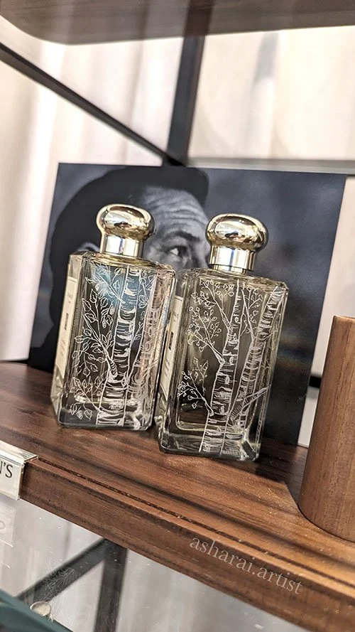 Jo Malone Silver Birch & Lavender Cologne bottles hand engraved with a delicate custom birch tree design.