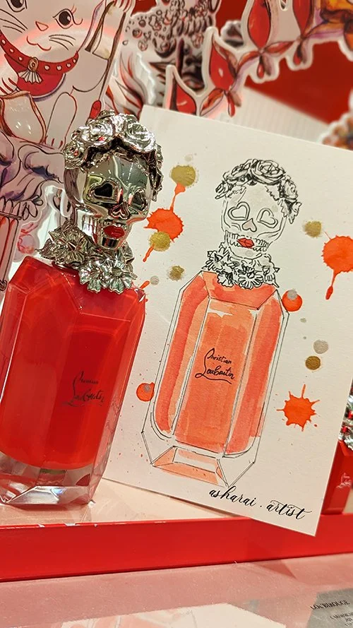 Christian Louboutin perfume bottle illustrated in watercolor by AshaRai, Toronto live event artist and calligrapher, showcasing luxury fragrance illustration.