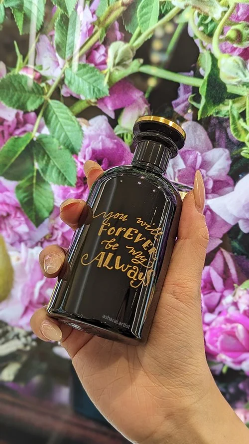Hand engraved Gucci perfume bottle from The Alchemist’s Garden collection, A Midnight Stroll, at Holt Renfrew featuring the personalized message “You will FOREVER be my ALWAYS.” Luxury perfume engraving and bespoke personalization.