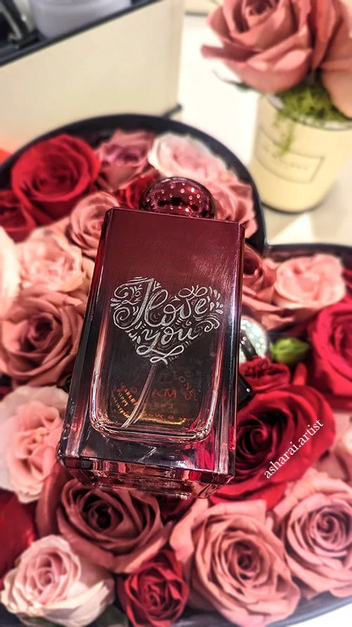 Jo Malone Rose & White Musk Absolu glass perfume bottle hand engraved with a delicate heart design. Valentine's Day Engraving ,Holt Engraving