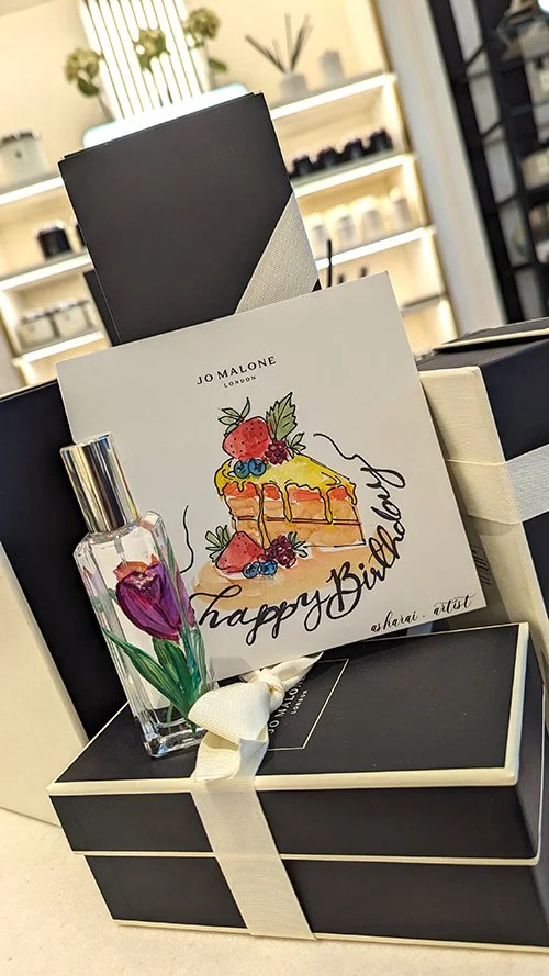 Watercolor illustration of a berry-topped cake on a Jo Malone note card, personalized with elegant “Happy Birthday” calligraphy for a luxury gifting experience at Yorkdale Jo malone Boutique.