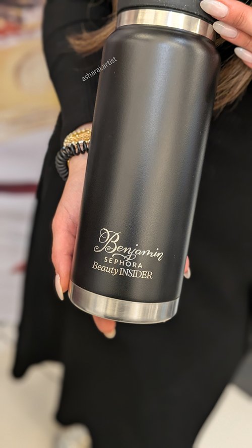 Hand-engraved insulated special tumbler by Sephora, featuring the Sephora and Beauty Insider logos and the personalized engraved name Benjamin, hand engraved at Sephora Yorkdale, Toronto. Metal engraving.