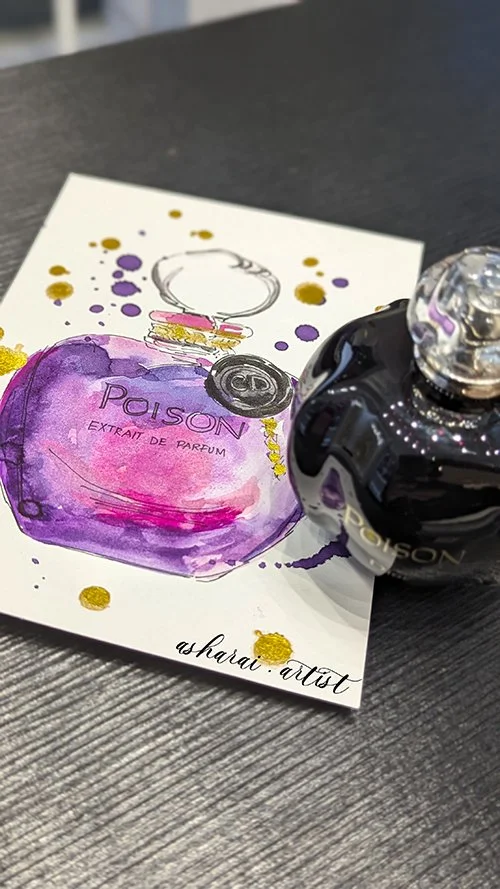 Watercolor illustration of a Dior Poison perfume bottle.