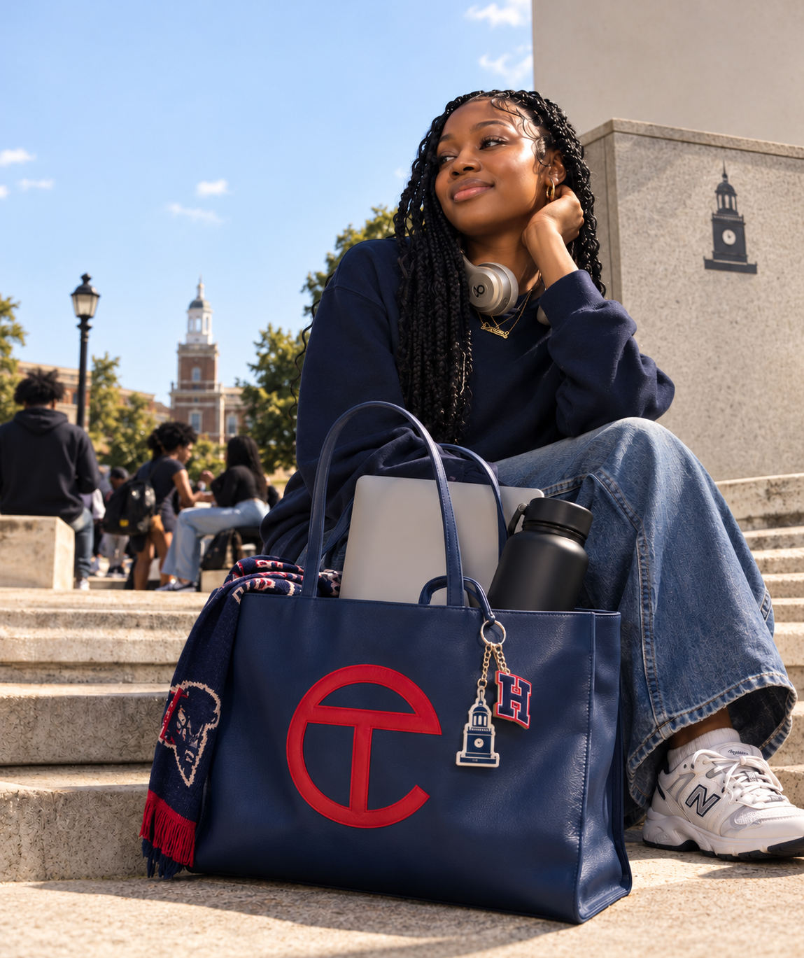 Young woman with braided hair sitting on outdoor steps on a college campus, smiling and looking to the side. She has headphones around her neck, a large blue tote bag with a Disney T logo and a scarf, a water bottle, a laptop, and white sneakers.