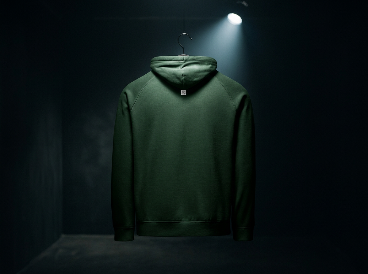 A green hoodie hanging on a hanger in a dark room with spotlight lighting.