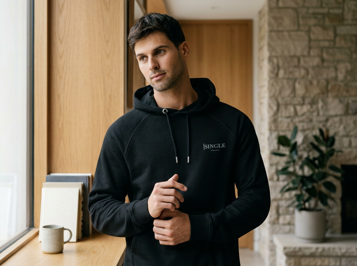 A young man with dark hair and light skin, wearing a black hoodie with the text 'SINGLE ONION,' stands indoors near a window, looking thoughtfully to his left. There are books and a cup on the wooden window sill, and a potted plant on a white table against a brick wall in the background.