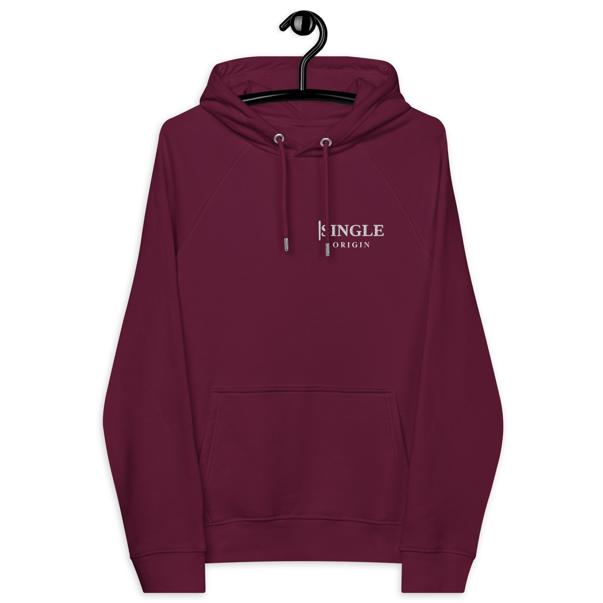 Close-up of a maroon hoodie hanging on a black hanger against a black background, with the word 'SINGLE' and partial text visible on the front.