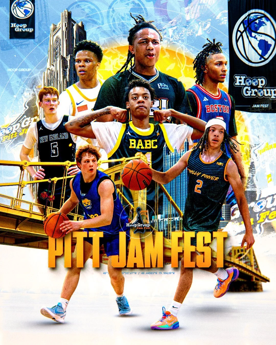 A promotional poster for Pit Jam Fest featuring young basketball players in action, with a cityscape background and a bridge. The poster includes logos and text for Hoop Group and the event name in large orange letters.