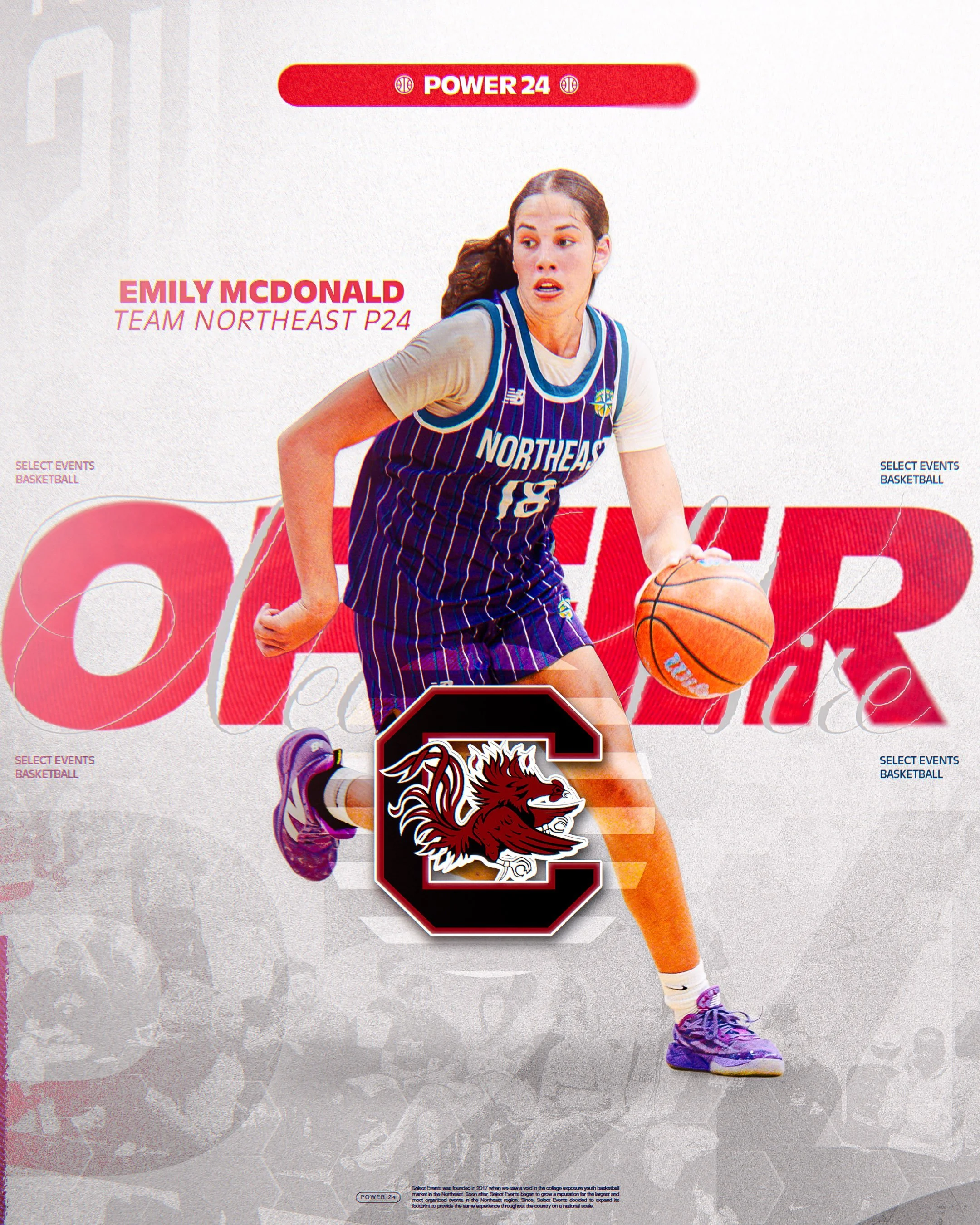 A female basketball player in a Northeast team uniform dribbling a basketball, with a logo of a lion at the bottom center and text indicating she is part of the Northeast P24 team and a Power 24 event.