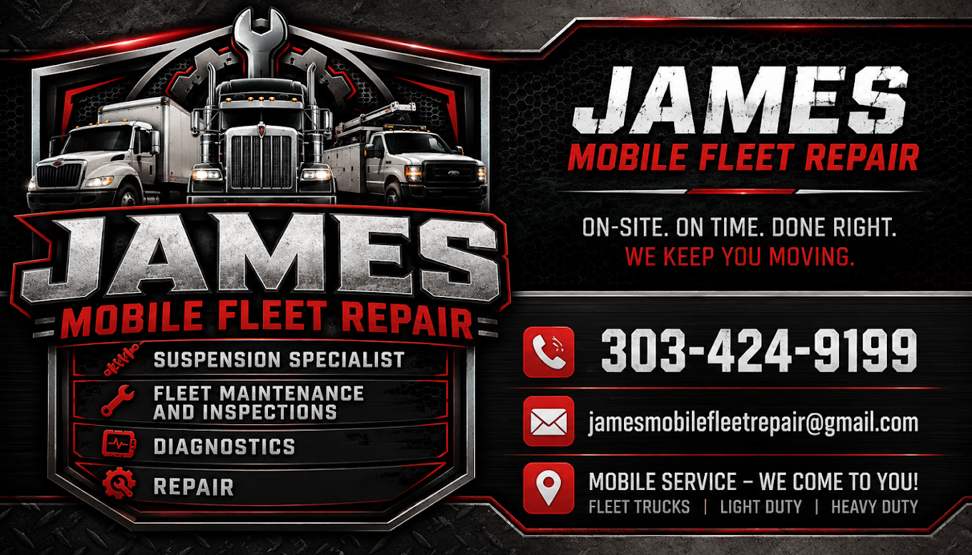 James Mobile Fleet Repair branding with heavy-duty trucks, mobile repair services and phone number 303-424-9199