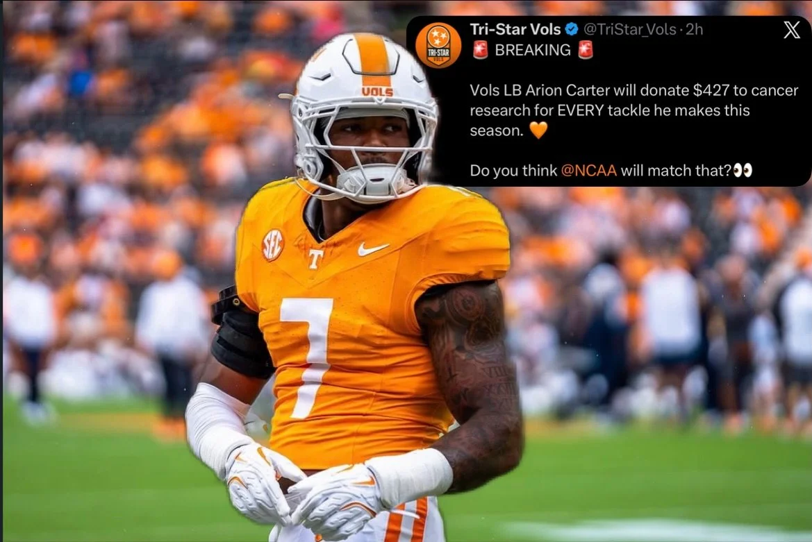 Vol LB Arion Carter will donate $427 to cancer research for EVERY tackle he records this season! 🍊 

The NCAA suspended Arion Carter for 3 games (eventually reduced to just 1) for a $427 flight ticket Carter bought for an NFL pre-draft training faci
