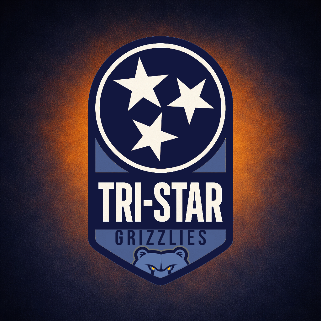 A logo for the Tennessee Tri-Star Memphis Grizzlies featuring three stars at the top and a grizzly bear's face at the bottom with the text "TRI-STAR GRIZZLIES" in the middle.