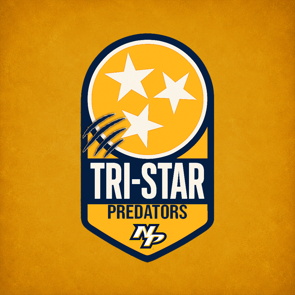 A logo of the Nashville Predators with three white stars inside a yellow circle, a scratch mark overlay, and text that reads 'TRI-STAR PREDATORS' with a smaller logo beneath it, all on an orange background.