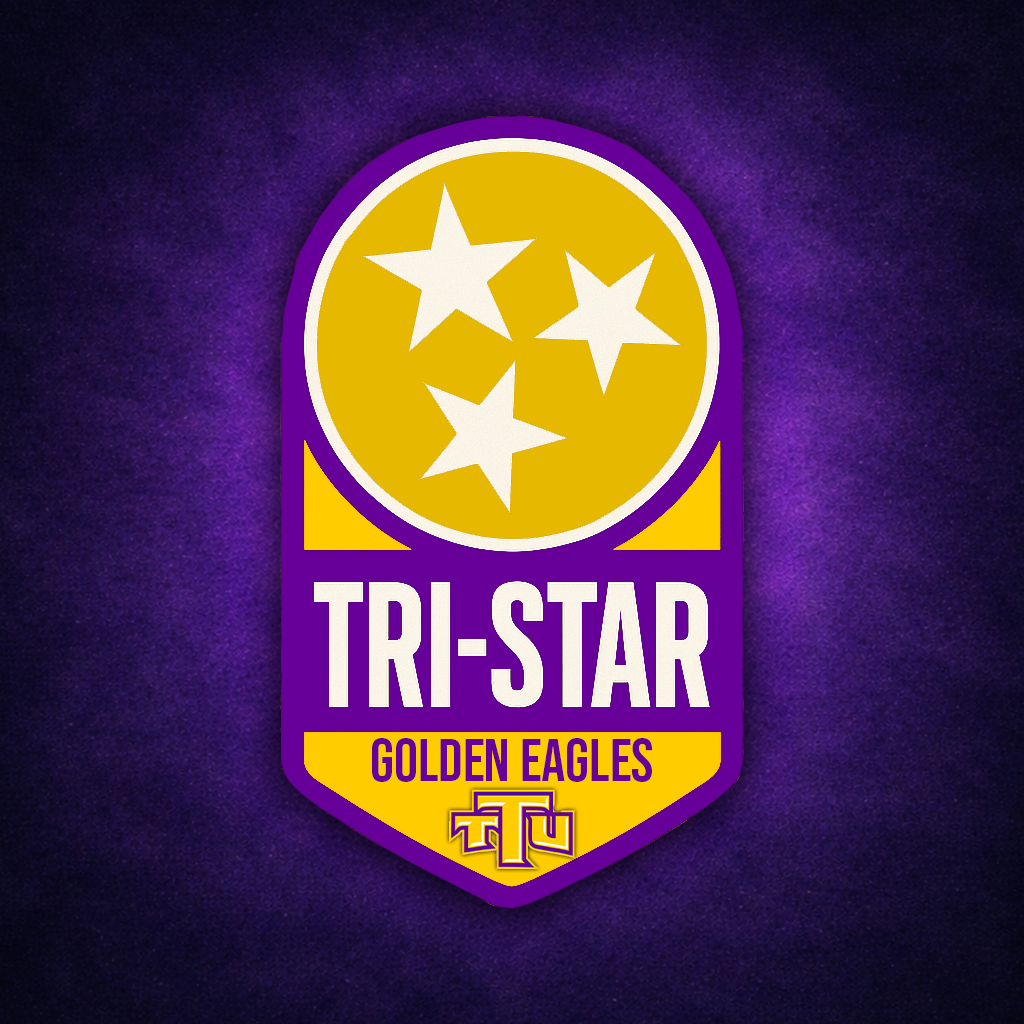 The emblem of the Tennessee Tech featuring a yellow circle with four white stars inside, against a purple background. Below, the text reads "TRI-STAR GOLDEN EAGLES" and the logo of the Tennessee Titans.