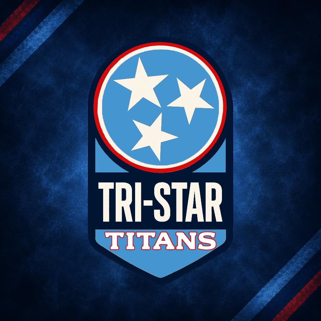 Logo of the Tennessee Titans football team featuring three white stars inside a blue circle outlined in red and white, with the text 'TRI-STAR TITANS' below it on a dark blue textured background.