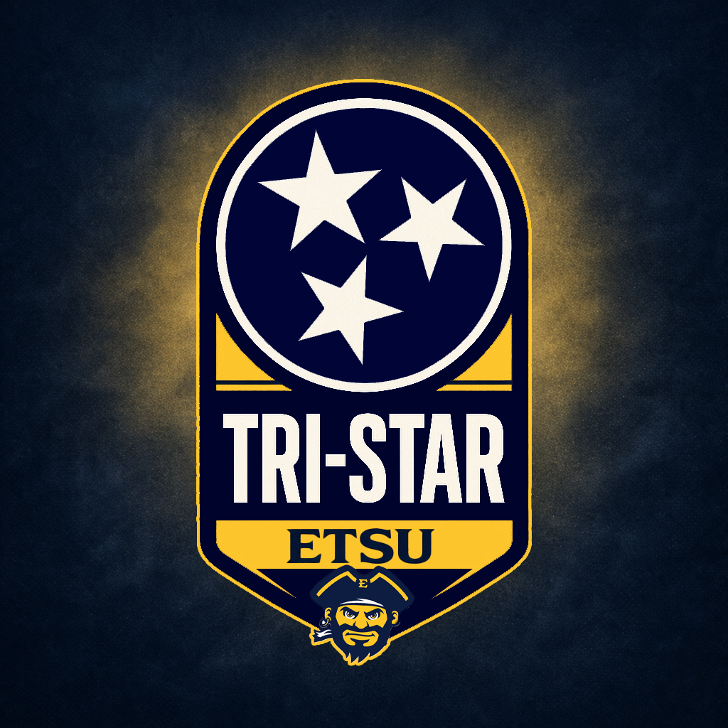 Logo of the ETSU team featuring a circle with four white stars and a navy background, with the text 'TRI-STAR ETSU' below, and an illustration of a pirate's face underneath, on a dark background with a yellow glow.