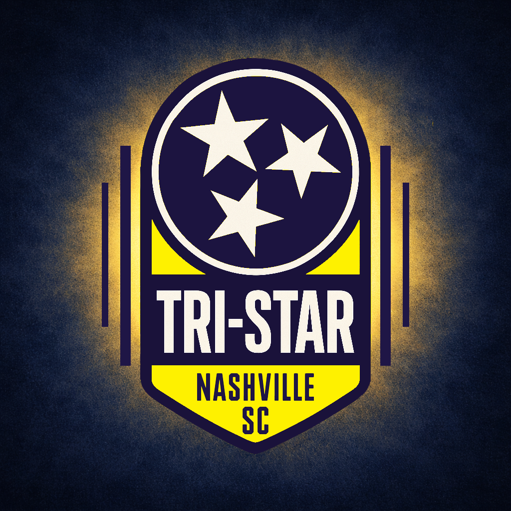 Logo for Tri-Star Nashville SC featuring three white stars inside a dark circle, with the words "TRI-STAR" and "Nashville SC" on a yellow banner below.