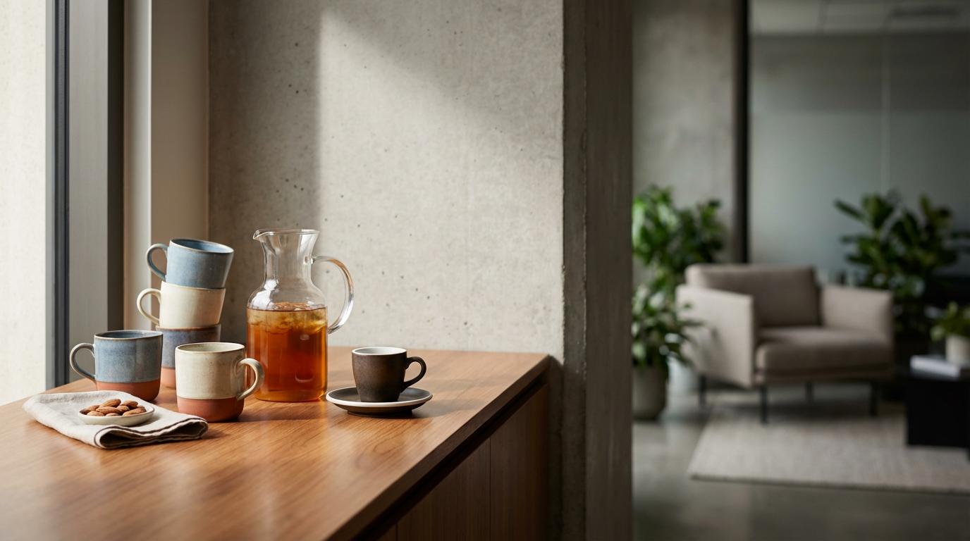 A wooden table with a glass pitcher of iced tea, four stacked coffee cups, a single coffee cup on a saucer, and a small plate of cookies, situated near a window in a modern living room with plants and beige furniture in the background.