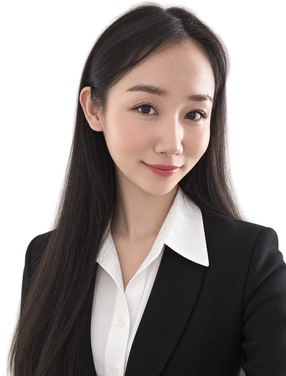A young woman with long dark hair, wearing a white collared shirt and a black blazer, smiling at the camera.