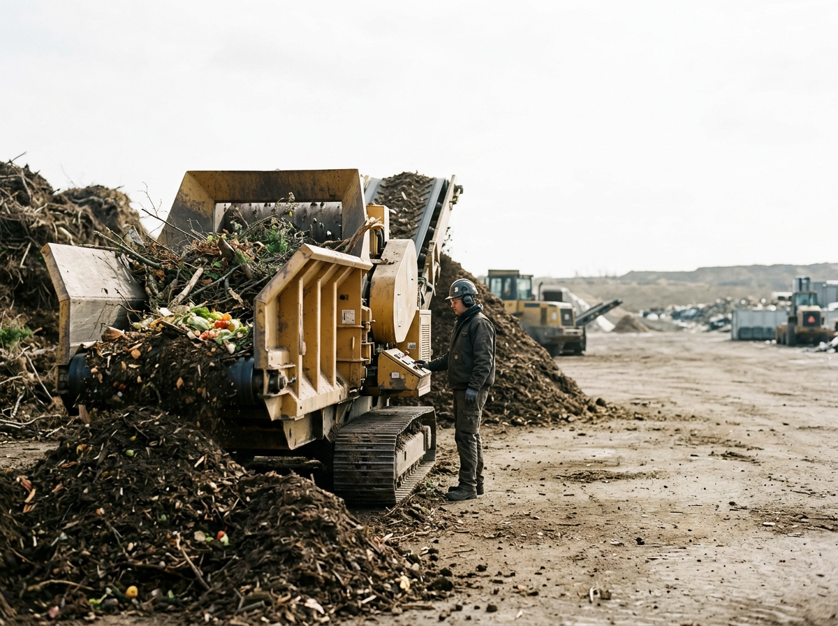 A construction worker in a black jacket, helmet, and gloves standing in front of a large mechanical machine shredding yard waste and organic debris at a construction site, with heavy machinery and a barren landscape in the background.