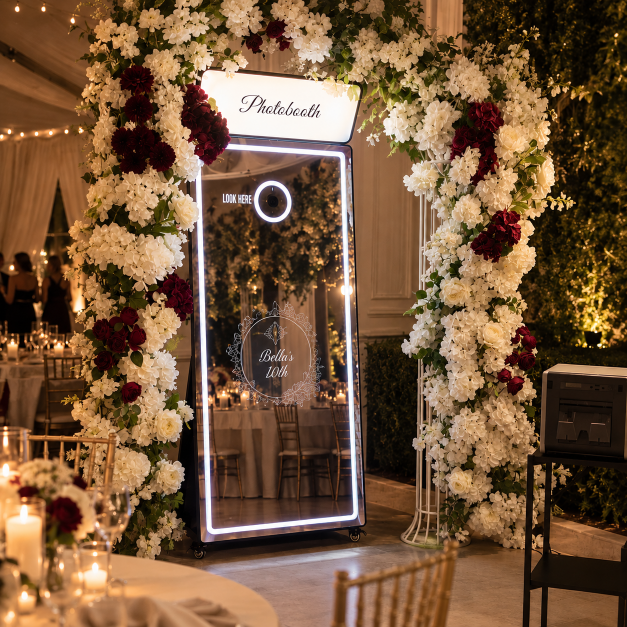 A magic mirror photo booth with a floral arch of white and burgundy flowers, set up at an elegant wedding event with tables, candles, and guests in the background.