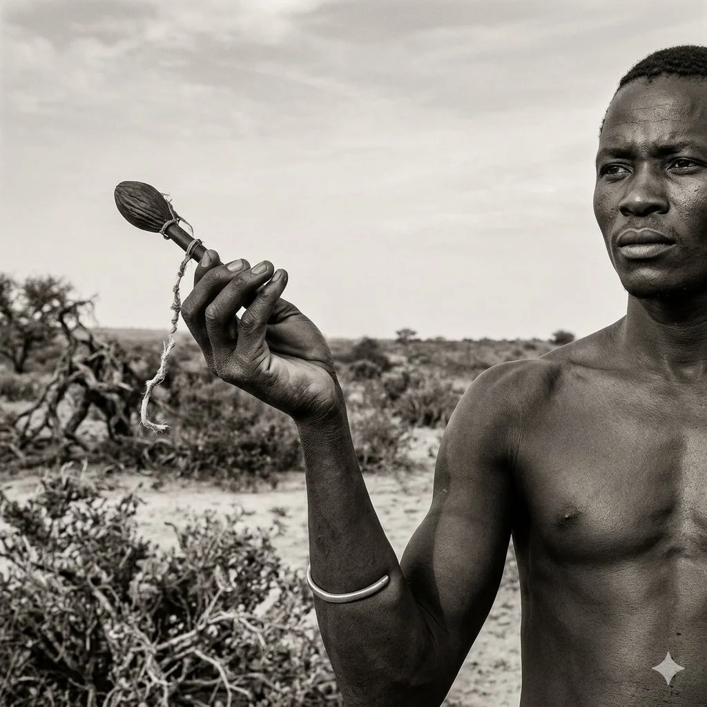 Black and white photo of a shirtless Hamar young man holding a small wooden object (Hamar Ukuli Boko) with a string, standing outdoors in a rural landscape.