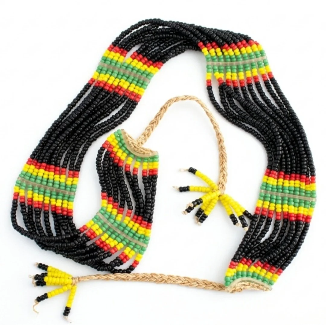 Colorful traditional African bead jewelry with black, yellow, red, and green beads.