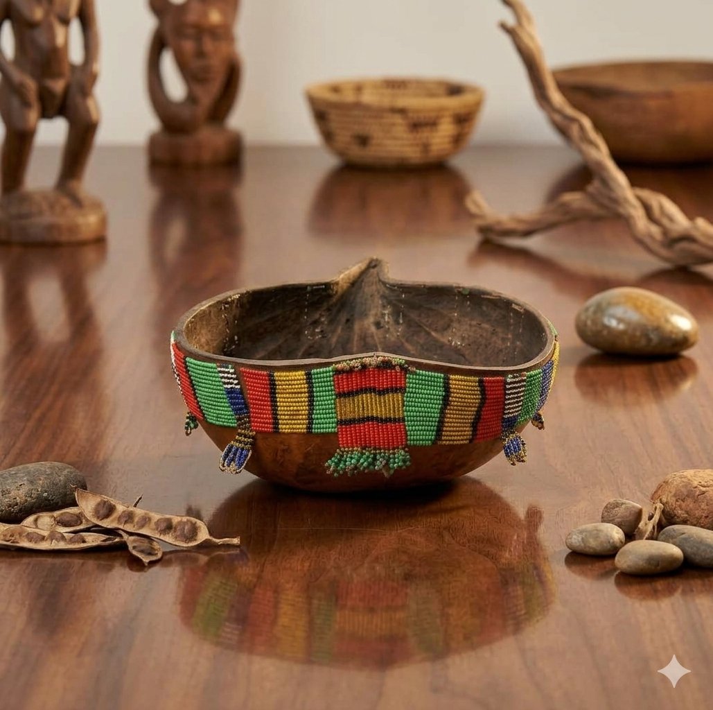 Hamar People decorative wooden bowl (Bunno-Karamba) with colorful beaded necklace attached to the rim, placed on a polished wooden surface with stones and carved wooden figurines in the background.