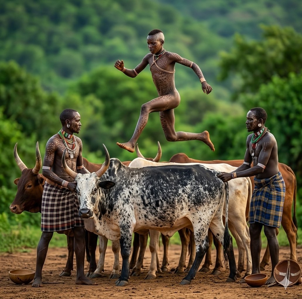 Hamar Young boy jumping over a cattle herd, while two men stand beside calves in a rural, green landscape.