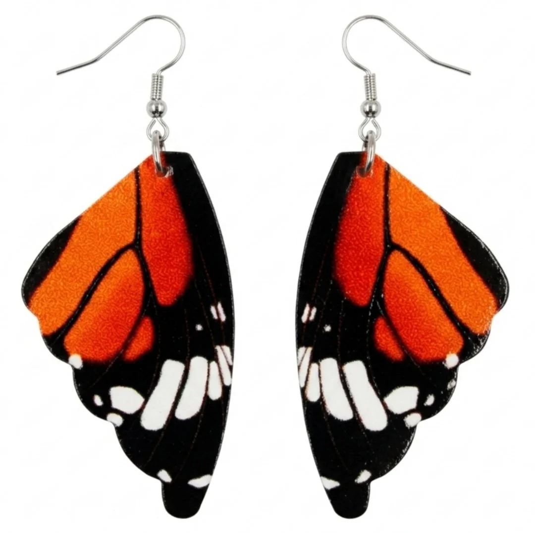 Monarch Butterfly Wing Dangle Earrings Faux Leather Orange Black Gypsy Jewelry