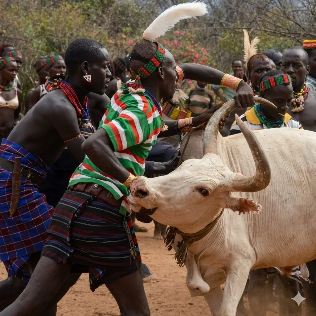 A group of Hamar people participating in a traditional ceremony involving a white bull with prominent horns.
