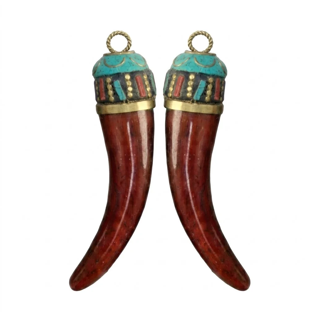 2pc Vintage Tibetan Horn Pendants Turquoise Red Coral Inlay Brass Ethnic Amulet