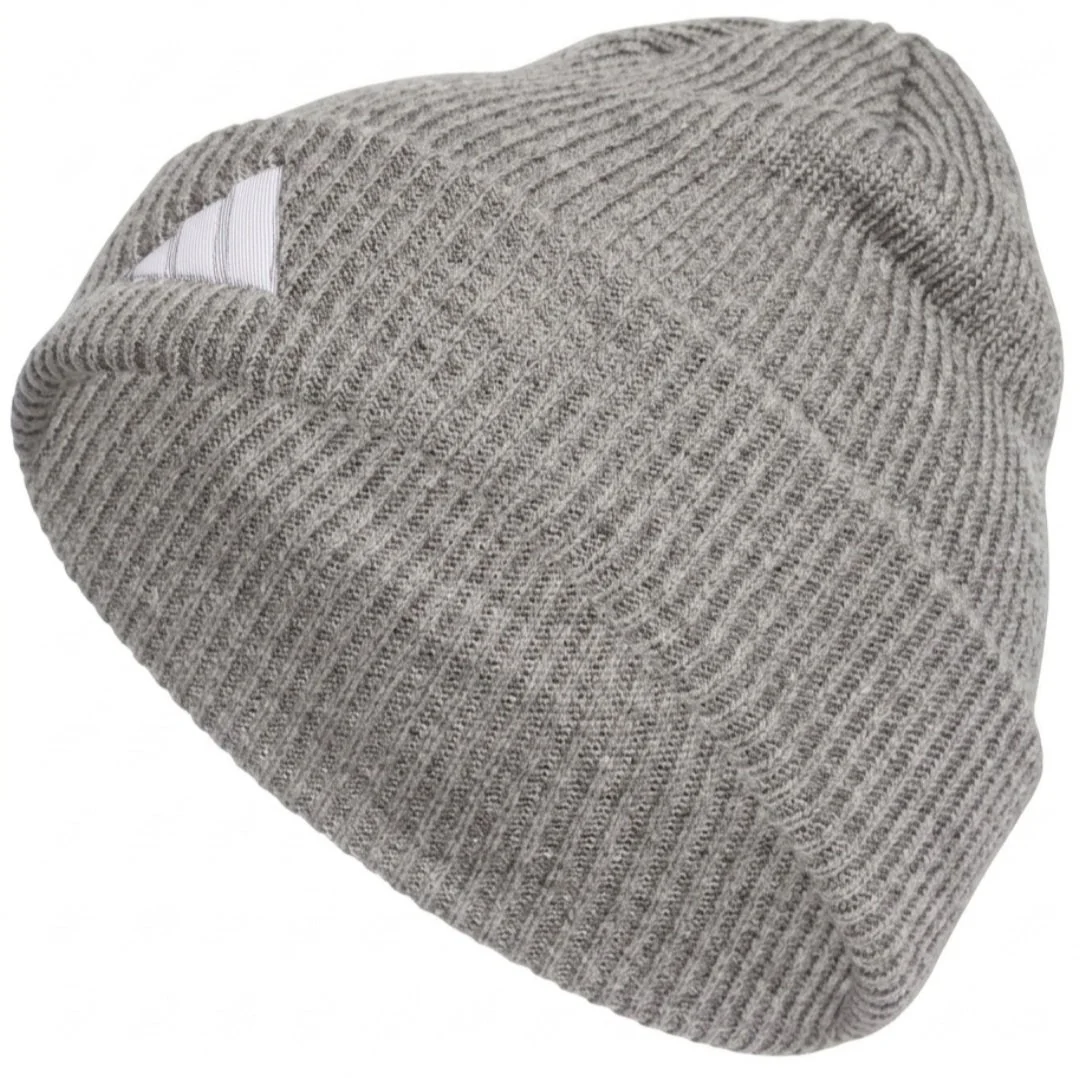 Gray knitted beanie hat with a small white label visible on the side