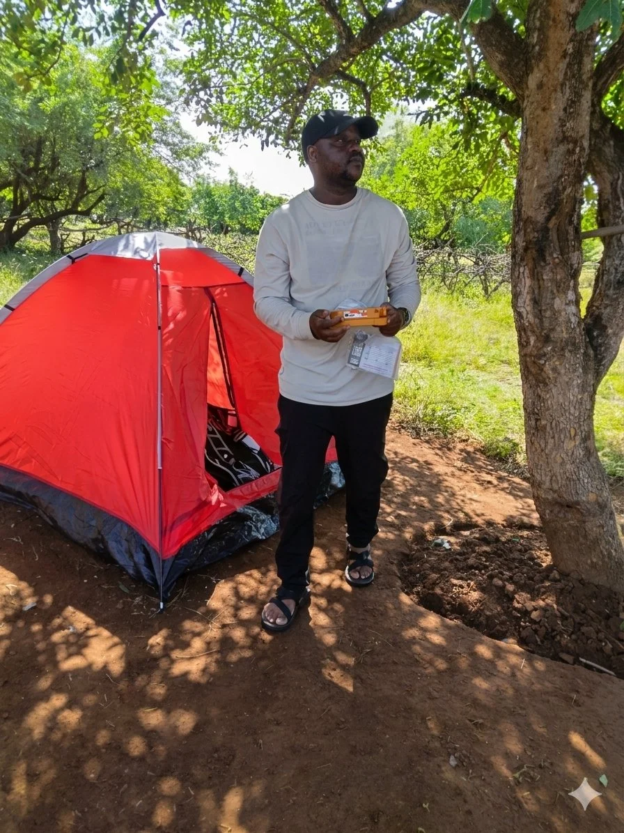 A man standing outdoors near a red tent and a tree, holding a small box, on a sunny day with green foliage in the background.