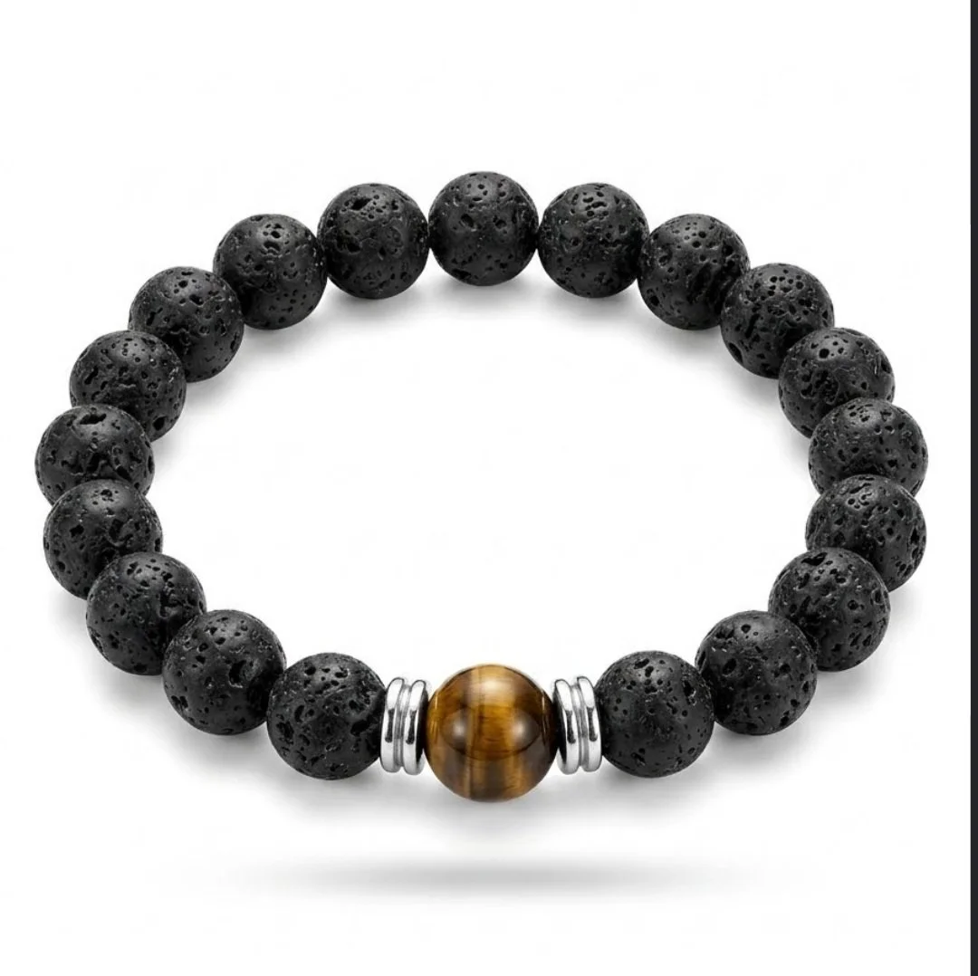 Mens Tiger Eye Lava Rock Beaded Bracelet Volcanic Stone Diffuser Silver Accents