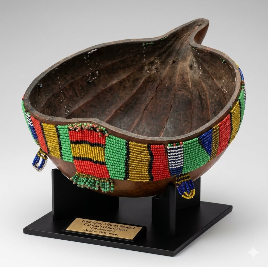 A traditional African beaded calabash gourd bowl on display with a label indicating it is a carved and beaded piece from the Akwapim, Dwa region.
