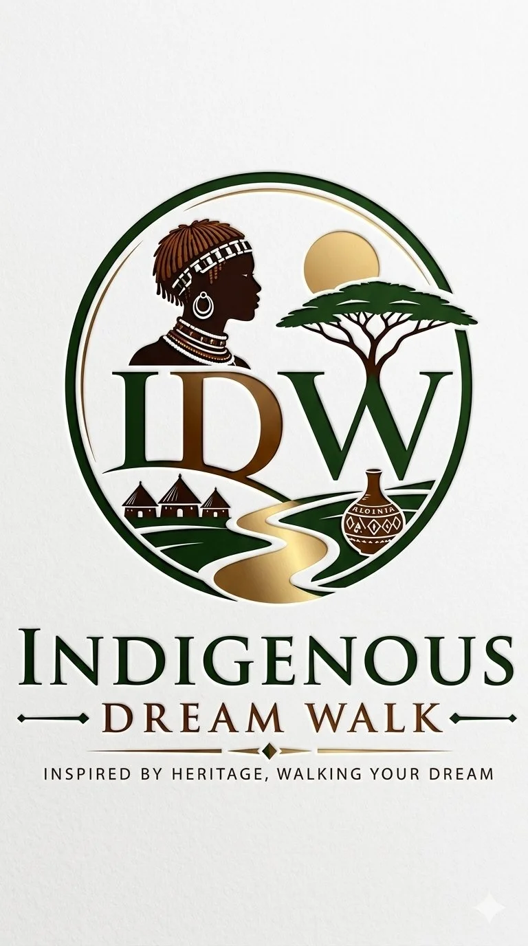 Logo with a silhouette of an Indigenous woman in traditional jewelry, a tree, sun, river, and pottery, with text 'Indigenous Dream Walk' and slogan 'Inspired by heritage, walking your dream'.