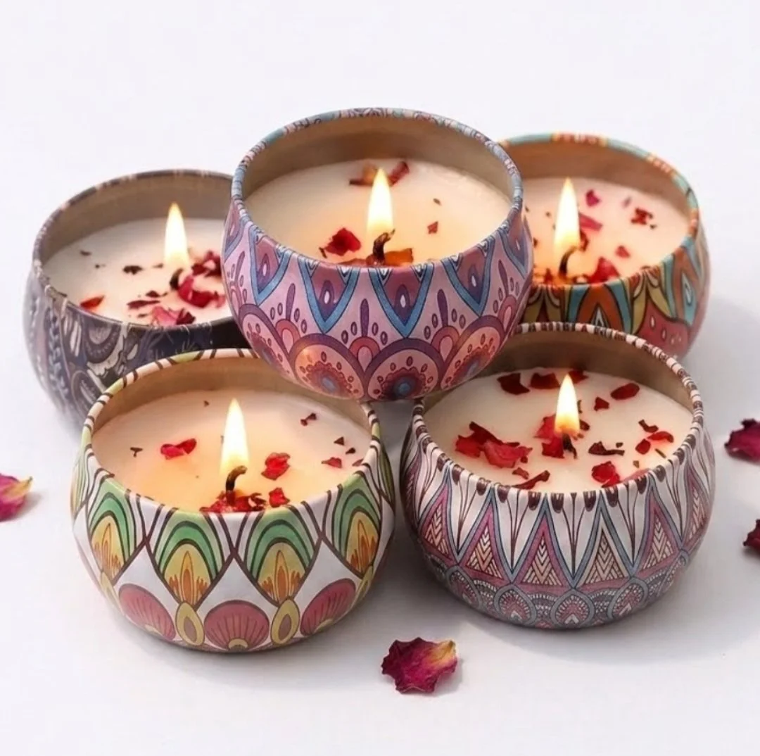 5Pcs Rose Scented Soy Candles Tin Bohemian Aromatherapy Soy Wax Candle Gift Set