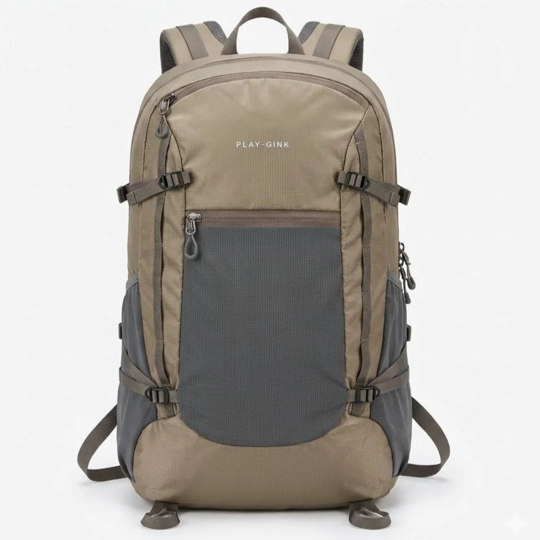 PLAY-GINK Khaki Tech Backpack Hiking Daypack Outdoor School Mesh Travel Bag