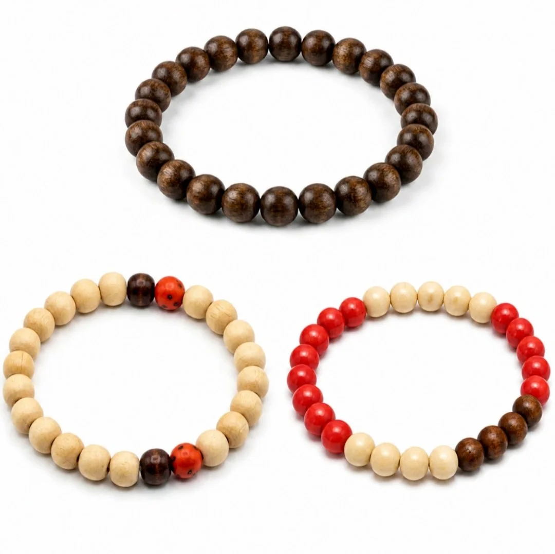 3Pcs Wooden Beaded Bracelet Set Natural Wood Beads Elastic Stack Bangle Unisex