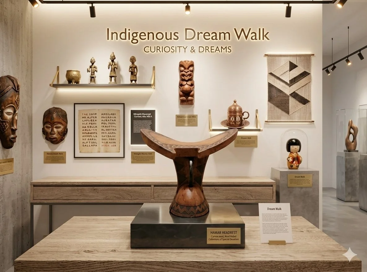 Exhibit in a museum titled 'Indigenous Dream Walk' with various traditional artifacts including masks, sculptures, a woven wall hanging, and a ceramic vessel displayed on shelves and pedestals.