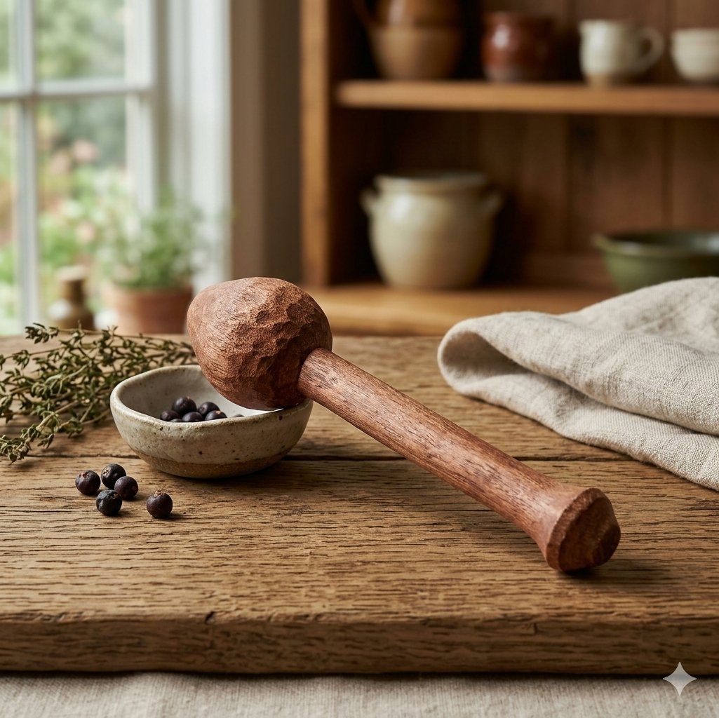 A rustic wooden kitchen table with a wooden mallet (Hamar Ukuli Boko) resting on a small ceramic bowl containing dark berries, a white cloth, and a sprig of greenery, with a wooden shelf and dishes in the background.
