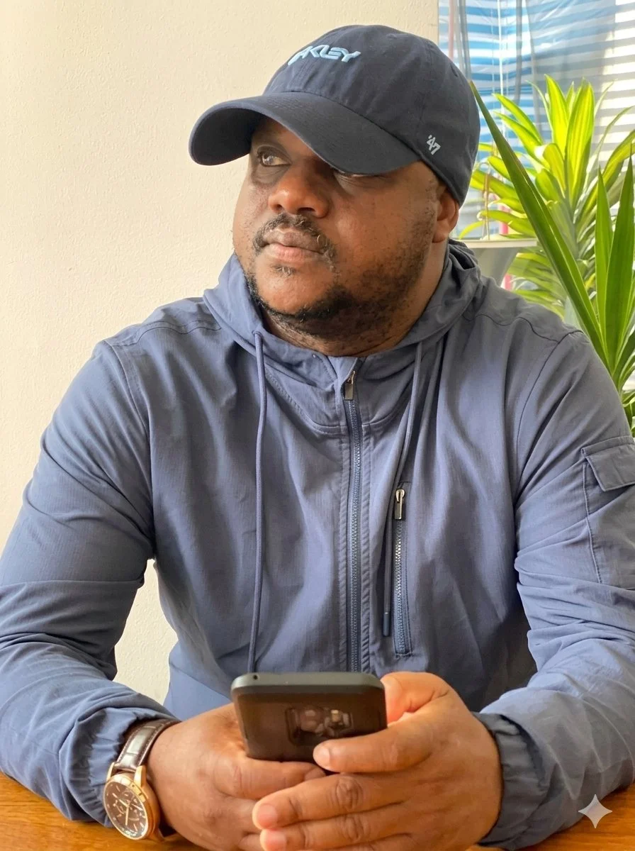Man sitting at a table, wearing a black baseball cap, gray jacket, and using a smartphone. There is a large green plant in the background near a window with blinds.